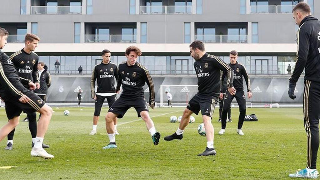 Odriozola, Carvajal, Lucas Vázquez y Fede Valverde, en el entrenamiento