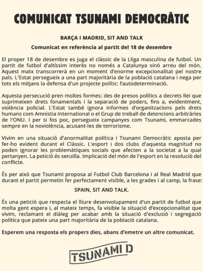 El comunicado de Tsunami Democratic