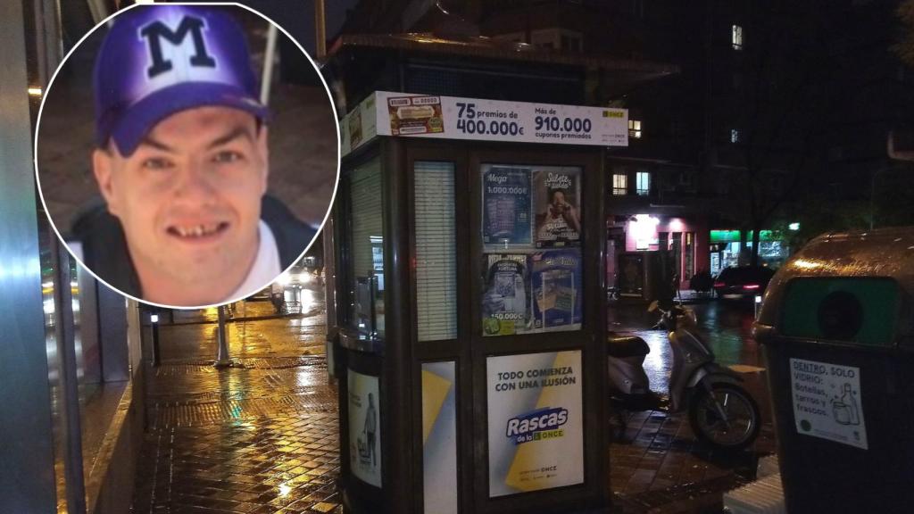 El lotero Miguel Rodríguez Garzón  y el quiosco donde trabajaba.