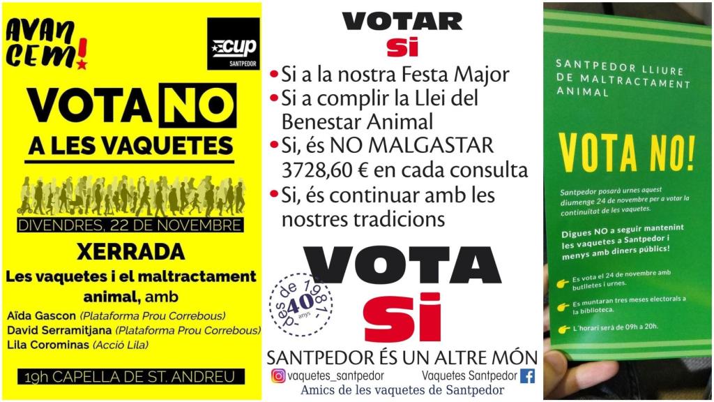 Los panfletos que reparten en Santpedor a favor o en contra de las vaquillas