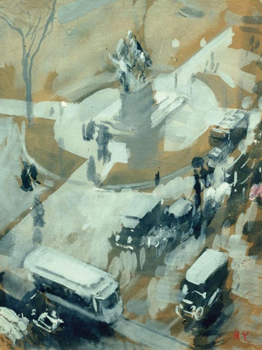 Vista contrapicada de una calle de Nueva York en un 'goauche' de Sorolla.