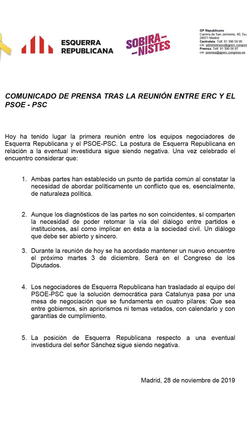 Comunicado de ERC.