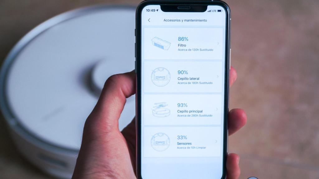 Aplicación de Roborock mostrando el estado de los accesorios