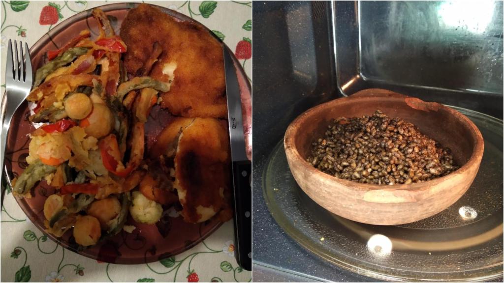 Tempura de verduras con filetes empanados de lomo y jamón; y arroz negro.