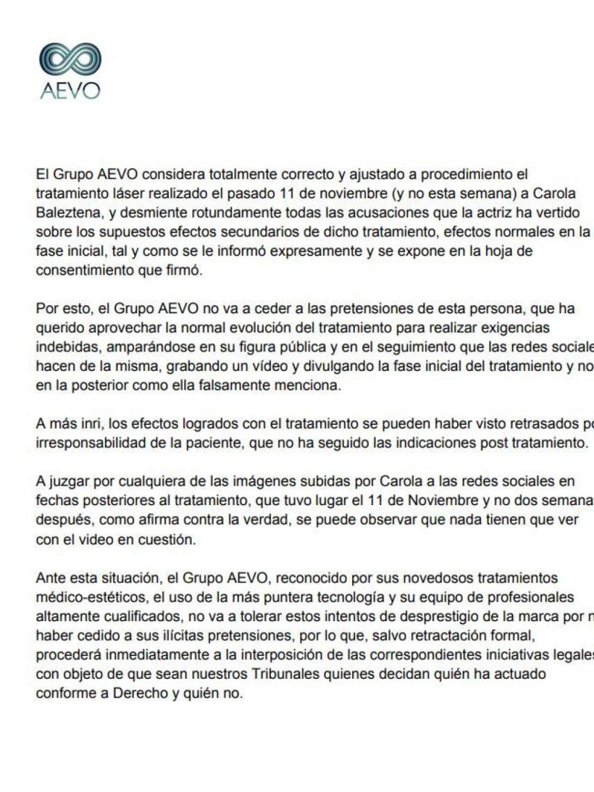Comunicado de prensa oficial emitido por el Grupo AEVO.