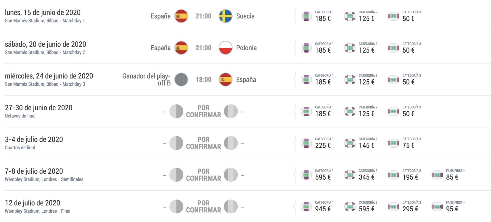Los precios de las entradas para los partidos de España en la Eurocopa 2020
