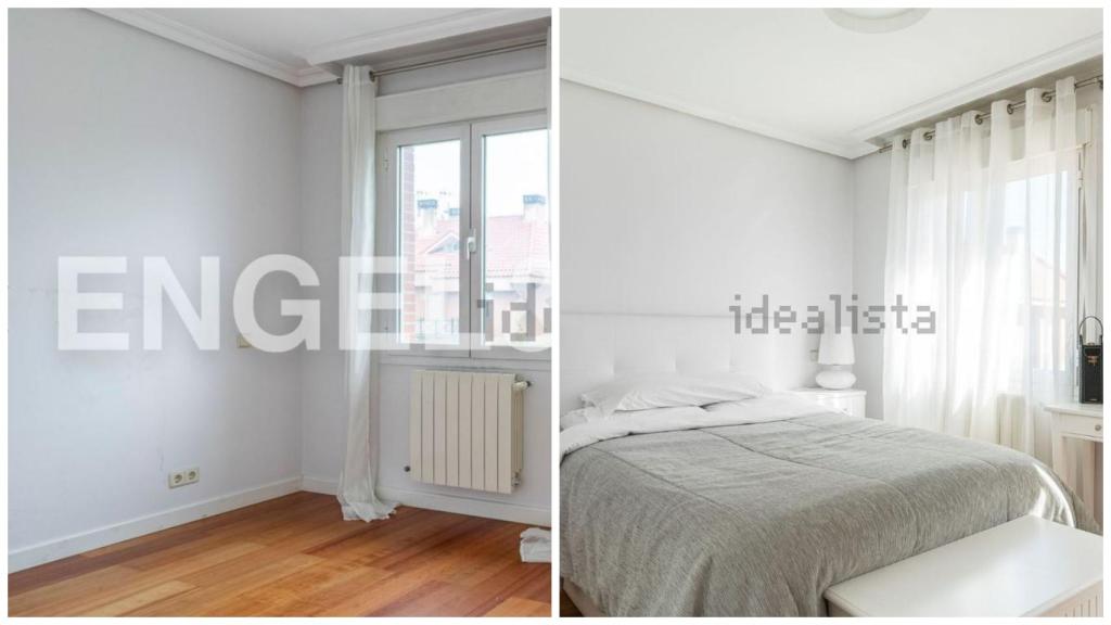 Comparativa de una de las habitaciones de la casa, con y sin muebles.