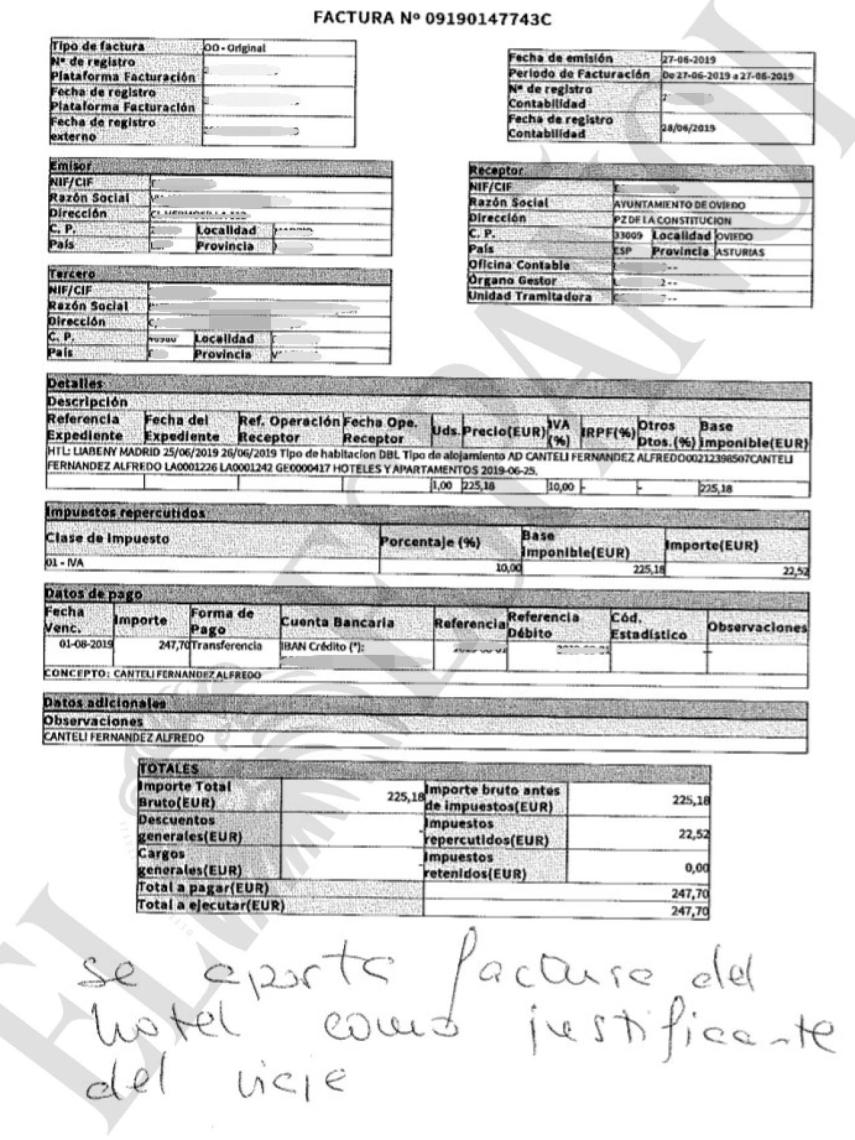 Factura del hotel de Canteli y su mujer en Madrid.