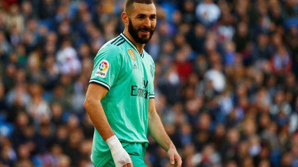 Karim Benzema celebra su gol al Espanyol