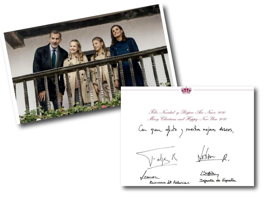 Estampa de la felicitación navideña de los reyes junto a sus respectivas firmas y deseos.