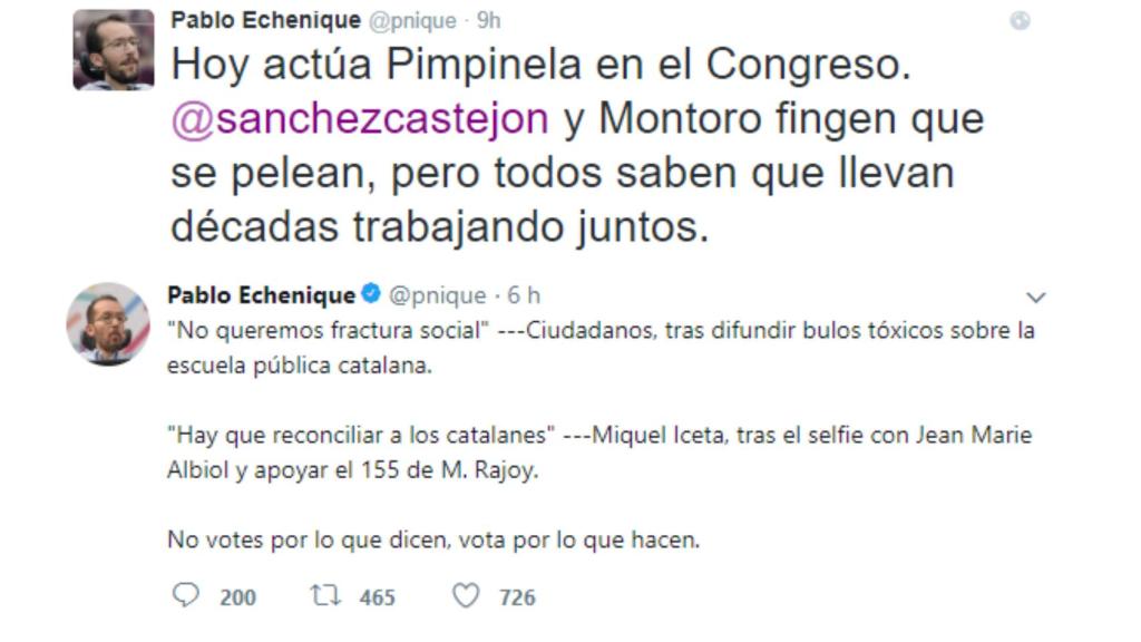 Dos de los 'tuits' eliminados por Pablo Echenique.
