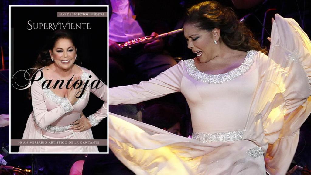 Isabel Pantoja sobre el escenario junto a la portada de la biografía 'Superviviente Pantoja'.