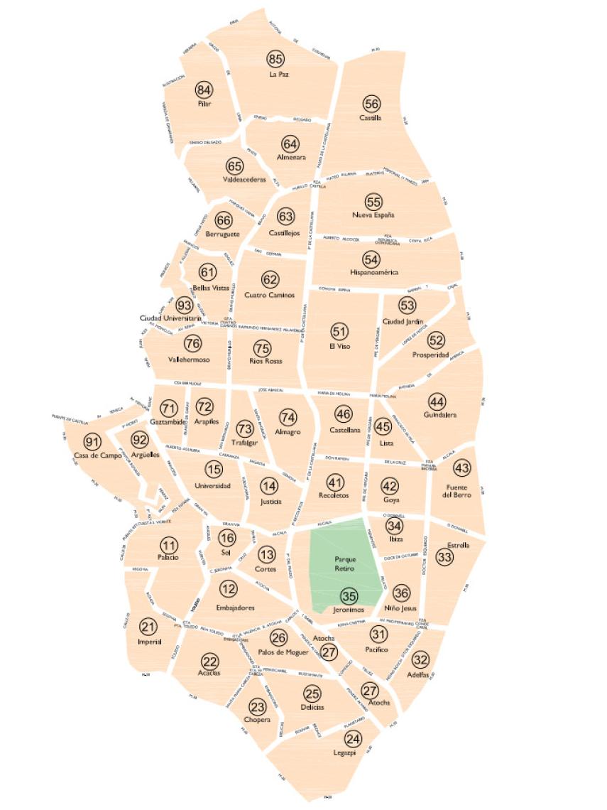 Mapa de los barrios del zona SER de Madrid.