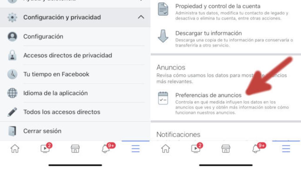 Configuración de anuncios en la app de Facebook