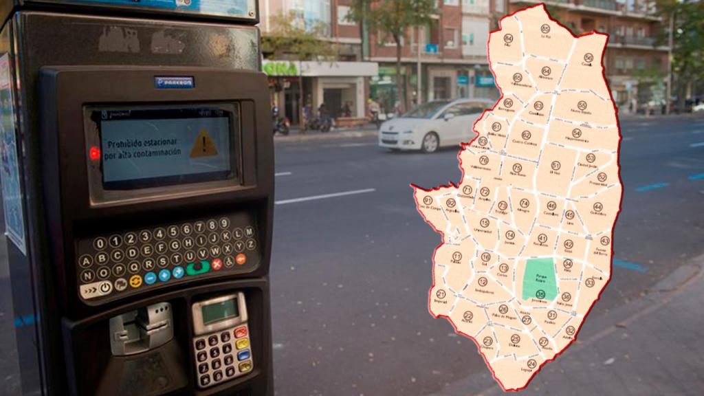 El mapa de la zona SER de Madrid, junto a uno de los parquímetros que hay en la capital.