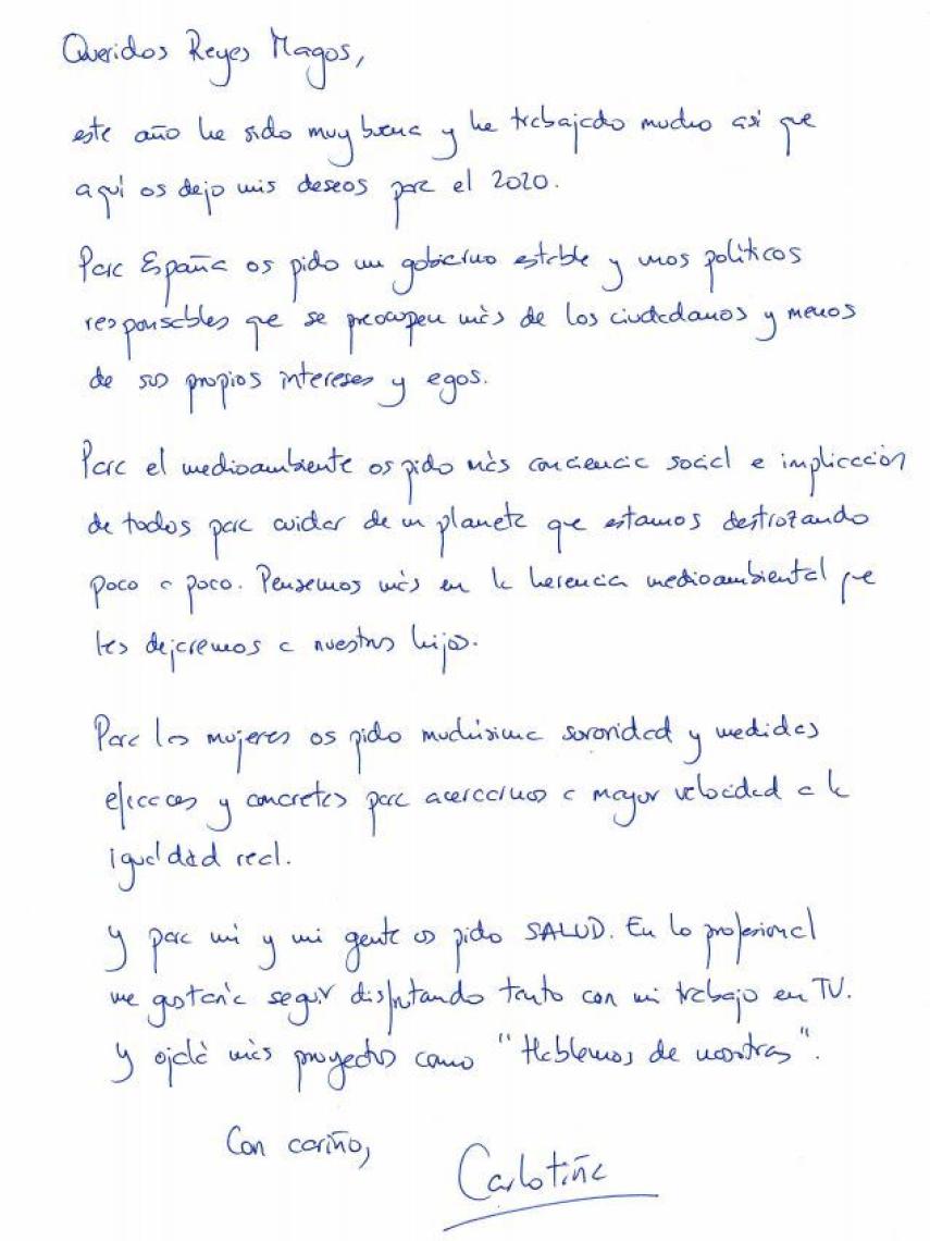 La carta a los Reyes Magos que ha escrito Carlota Corredera.