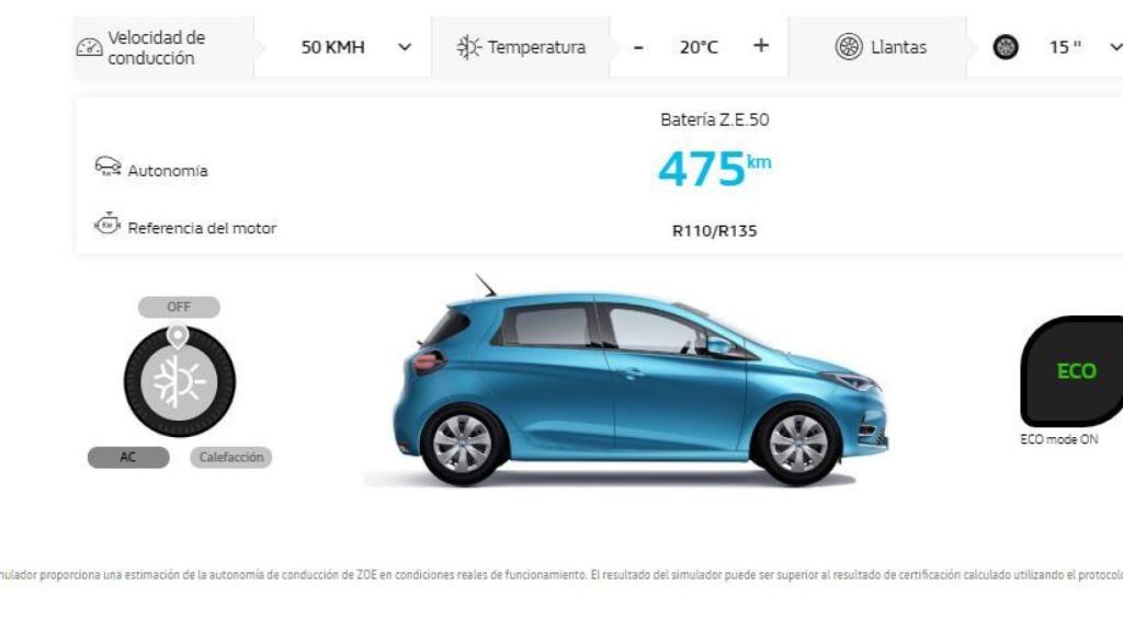Según la calculadora de Renault, sin sobrepasar los 50 km/h se pueden recorrer casi 500 kilómetros.
