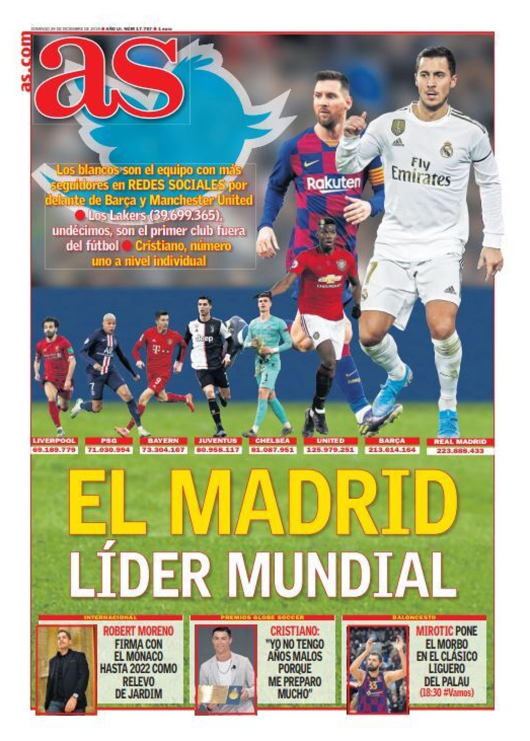 La portada del diario AS (29/12/2019)