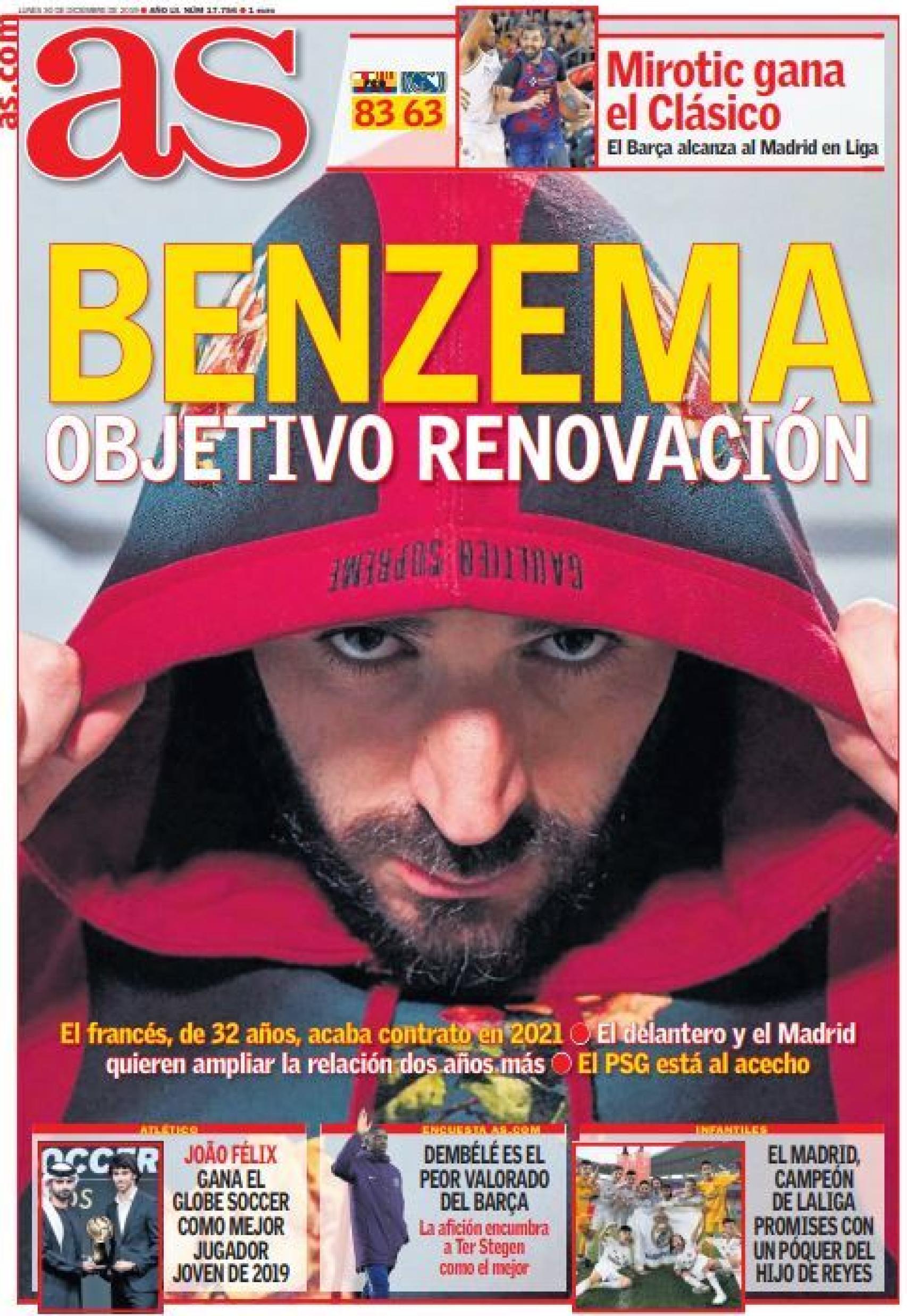 La portada del diario AS (30/12/2019)