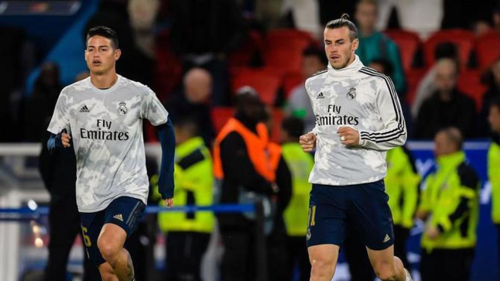 James Rodríguez y Gareth Bale, en un calentamiento del Real Madrid