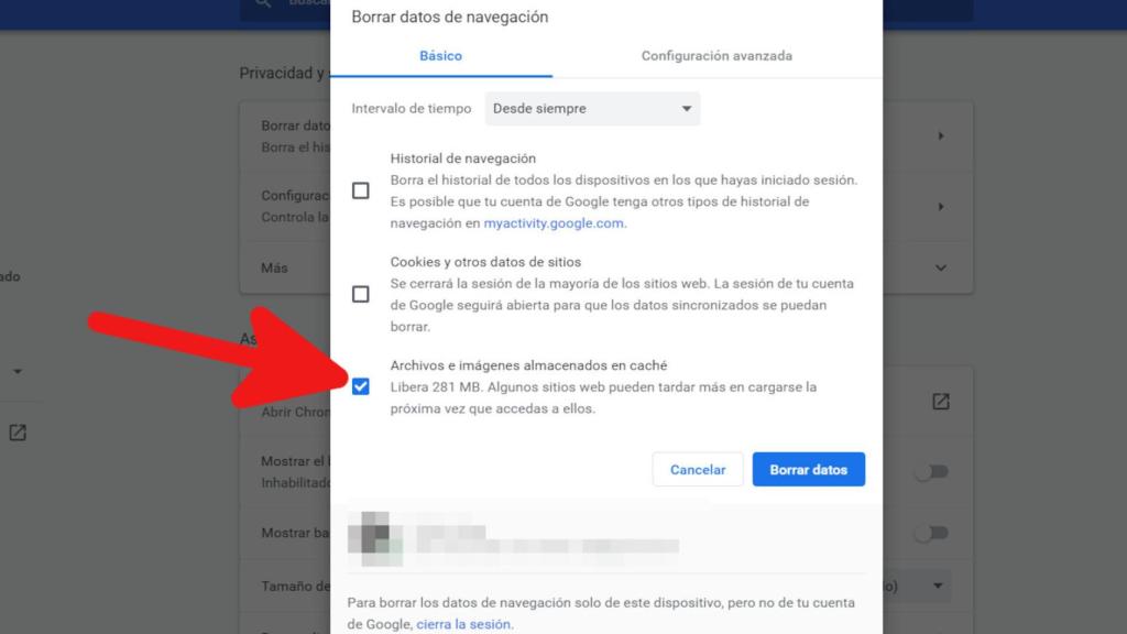 Opción para borrar la caché en Chrome