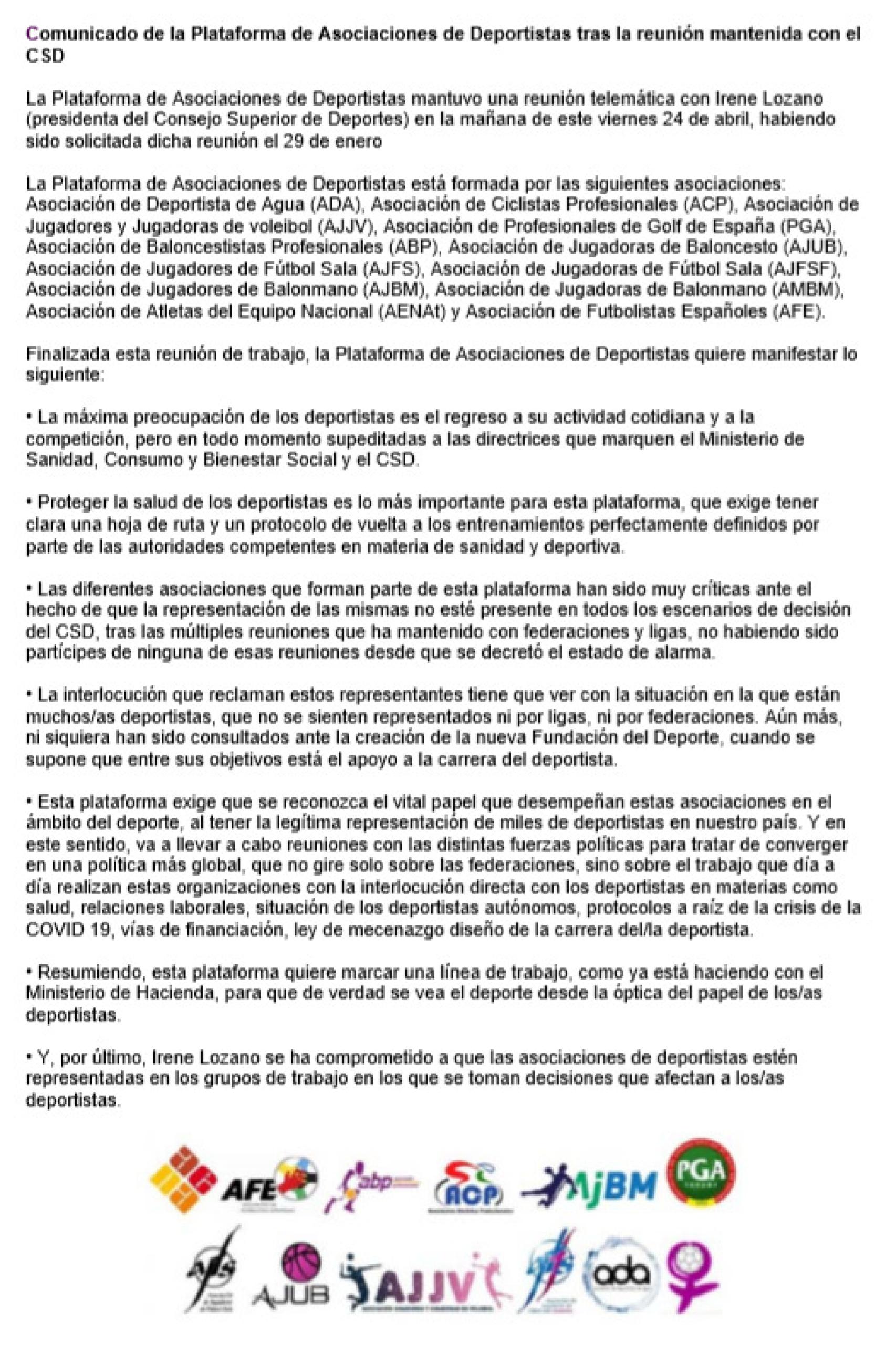 El comunicado de las Asociaciones de Deportistas
