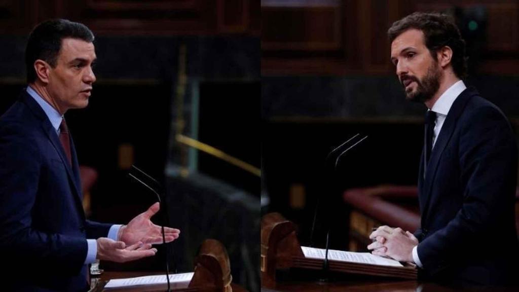 El presidente del Gobierno, Pedro Sánchez, y el líder del PP, Pablo Casado, en el Congreso.