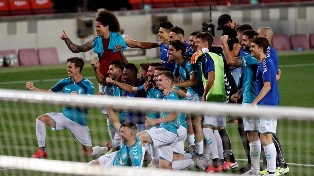 Celebración de Osasuna tras ganar al Barça