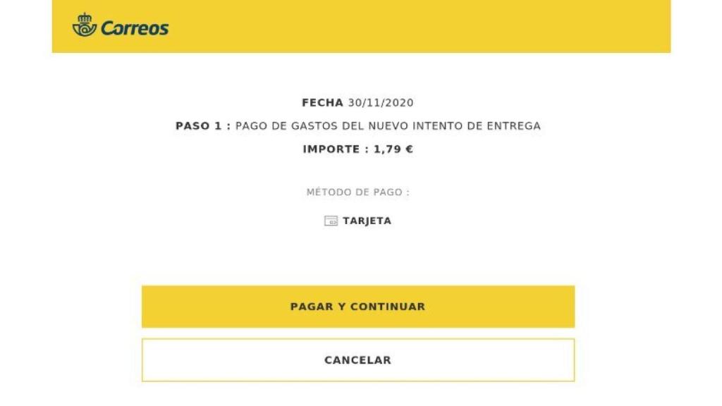 Aviso falso de Correos que nos pide pagar gastos de envío indebidos.