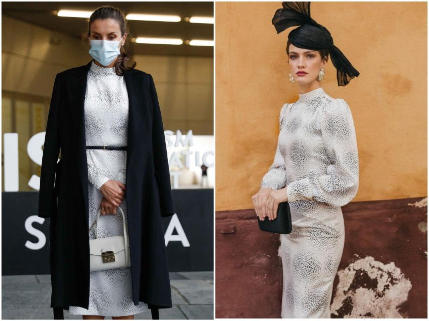 La reina Letizia con vestido de Cherubina y la modelo de la firma.