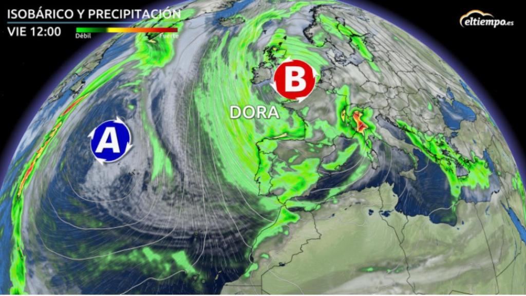 La situación de la borrasca Dora sobre España a partir del viernes. ElTiempo.es