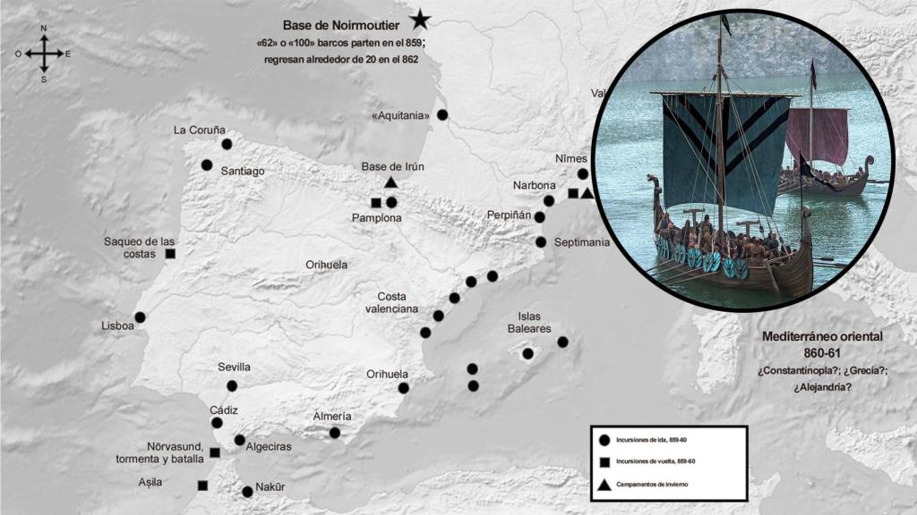 Mapa de la gran redada vikinga del Mediterráneo a mediados del siglo IX.