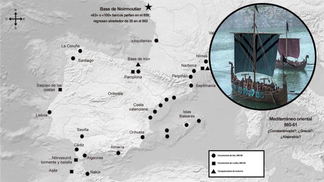 Mapa de la gran redada vikinga del Mediterráneo a mediados del siglo IX.
