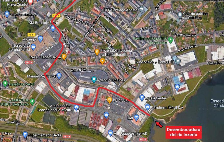 Frontera entre Ferrol (al suroeste) y Narón (al noreste) en el Polígono da Gándara