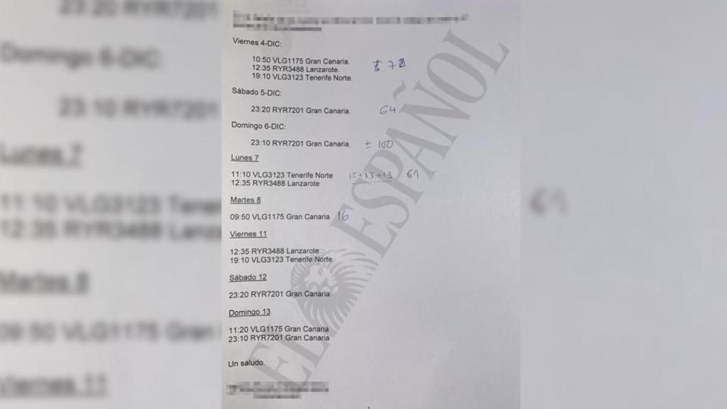 El documento policial en el que se destacan los inmigrantes que llegaron en cada vuelo a Valencia.