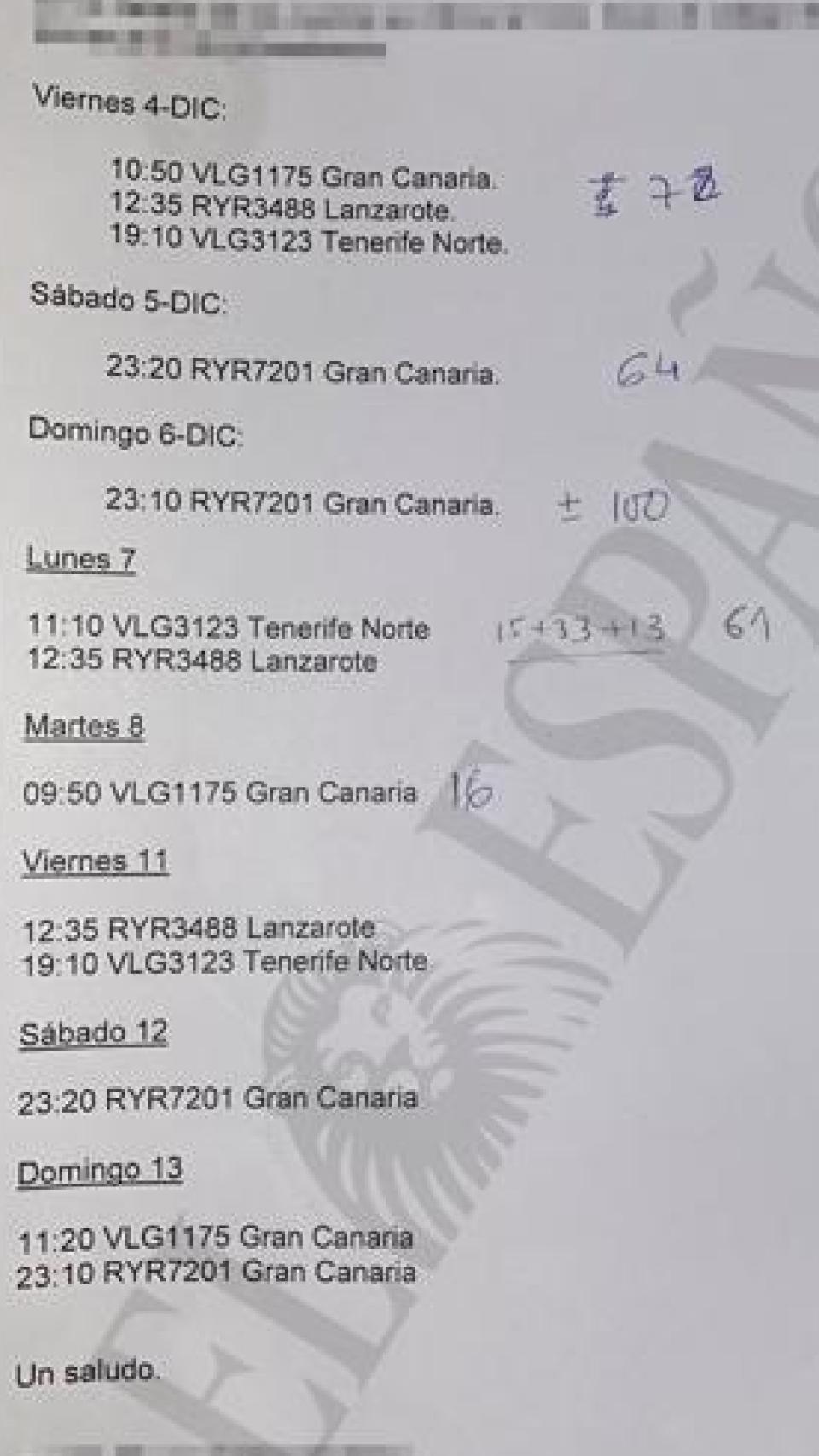 El documento policial en el que se destacan los inmigrantes que llegaron en cada vuelo a Valencia.