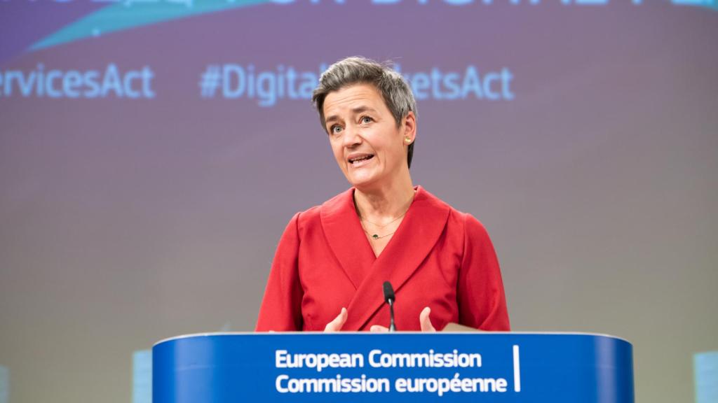 La vicepresidenta de la Comisión, Margrethe Vestager, durante una rueda de prensa