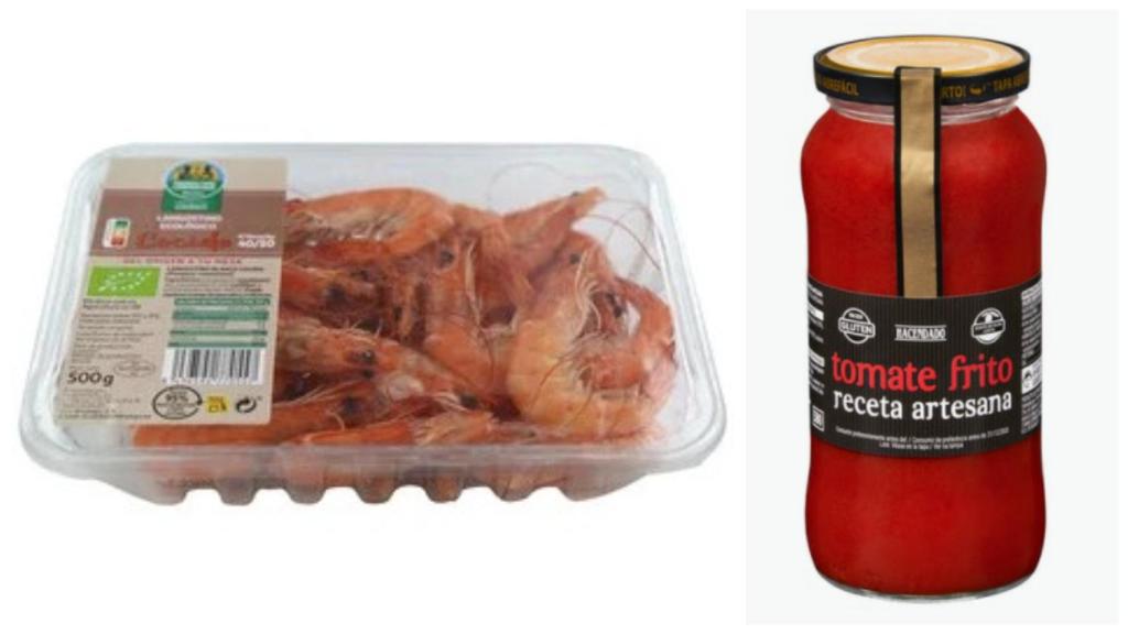 Langostinos de Auchan Producción Controlada y el tomate frito casero de Hacendado.