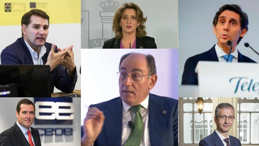 Manuel de la Rocha, Teresa Ribera, José María Álvarez Pallete, Antonio Garamendi, Ignacio Galán y Pablo Hernández de Cos.