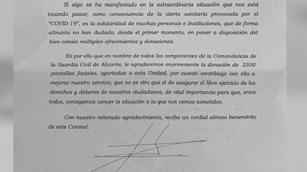 Agradecimiento de la Guardia Civil a Shirokov por sus donaciones de pantallas.