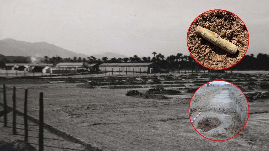 El campo de concentración de Albatera y una vaina de fusil y un depósito de latas de sardinas halladas durante las excavaciones.