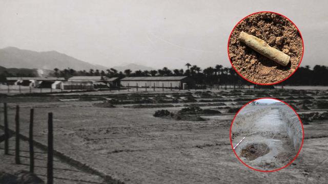 El campo de concentración de Albatera y una vaina de fusil y un depósito de latas de sardinas halladas durante las excavaciones.