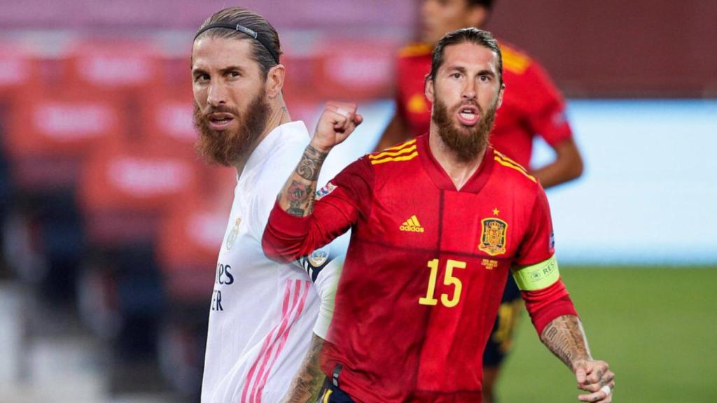 Sergio Ramos con el Real Madrid y la Selección, en un fotomontaje