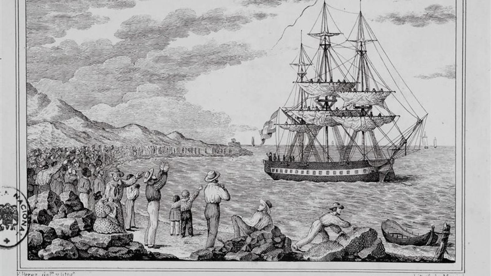 Grabado de la corbeta María Pita, que comandaba la Expedición Balmis.