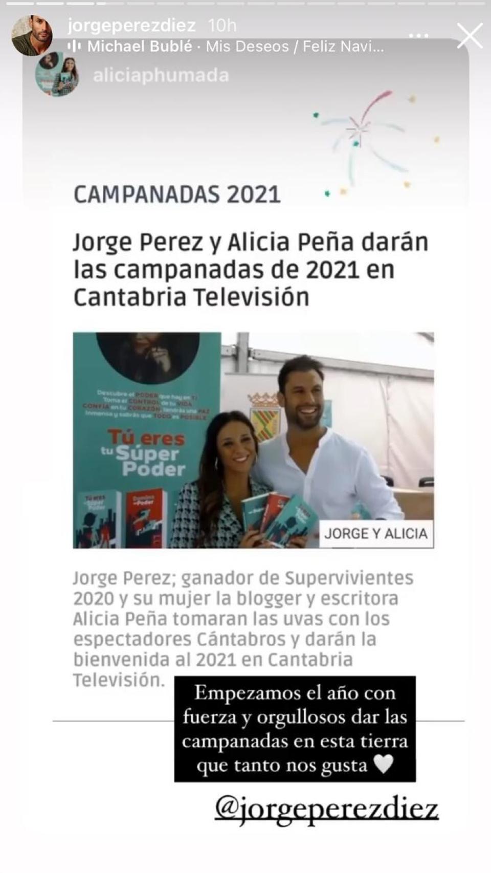 Jorge Pérez compartió la noticia en un 'story' de Instagram.