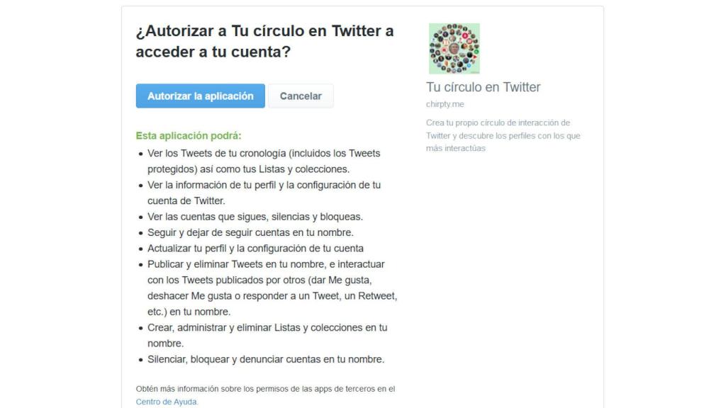 Los permisos que pide la app de Círculo de amigos de Twitter
