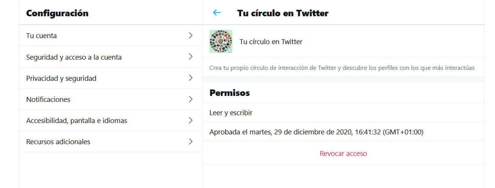 Opción para revocar el acceso a la app Círculo de amigos de Twitter