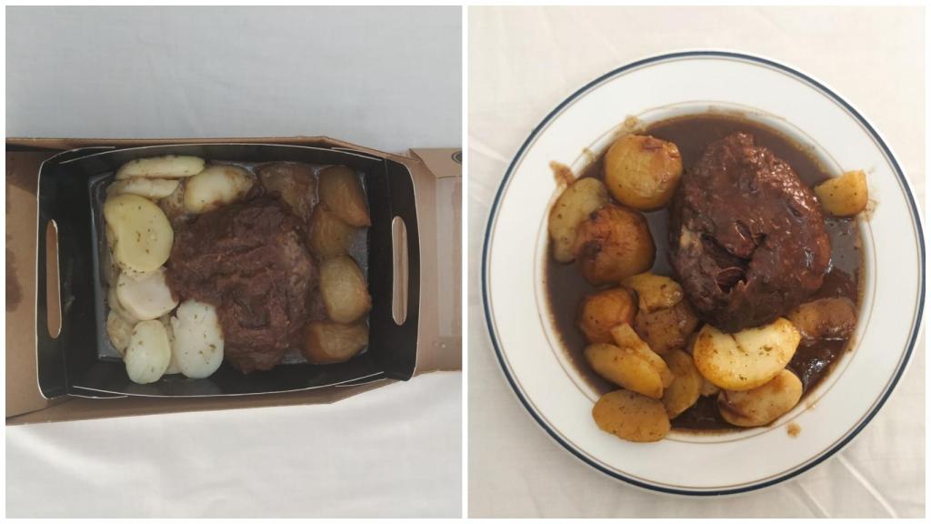 La carrillada en salsa de vino tinto antes y después de pasar por el microondas durante 5 minutos.