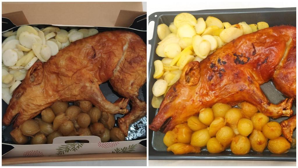 El cochinillo de Mercadona antes y después de pasar por el horno durante 30 minutos.