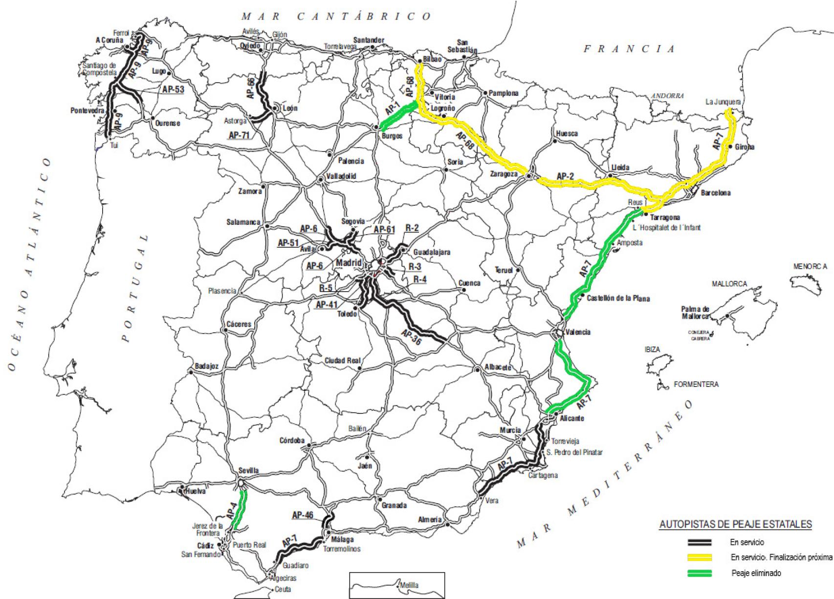 Mapa de las actuales autopistas de peaje en España.